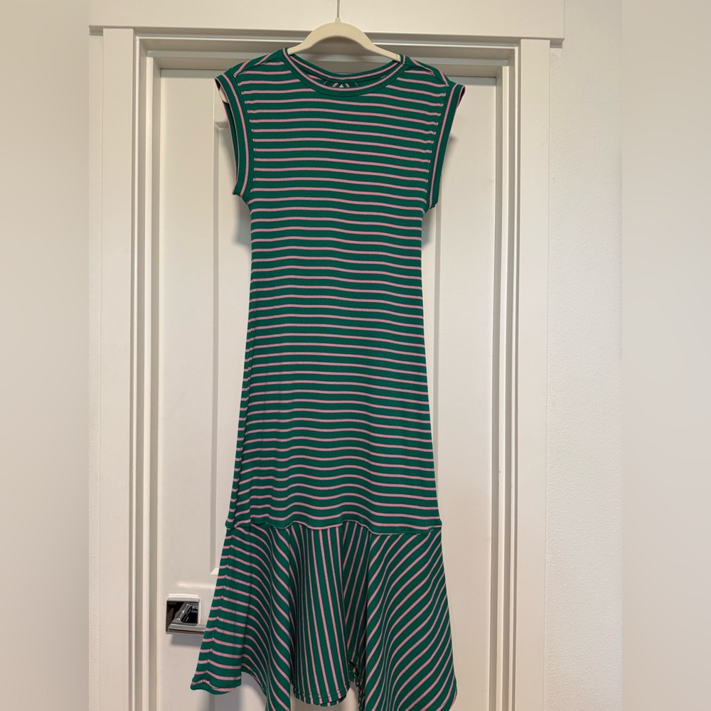 Asymmetrical Green and White Striped Dress
